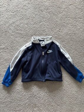 Nike Navy and White Toddler Zip Jacket with Blue Logo